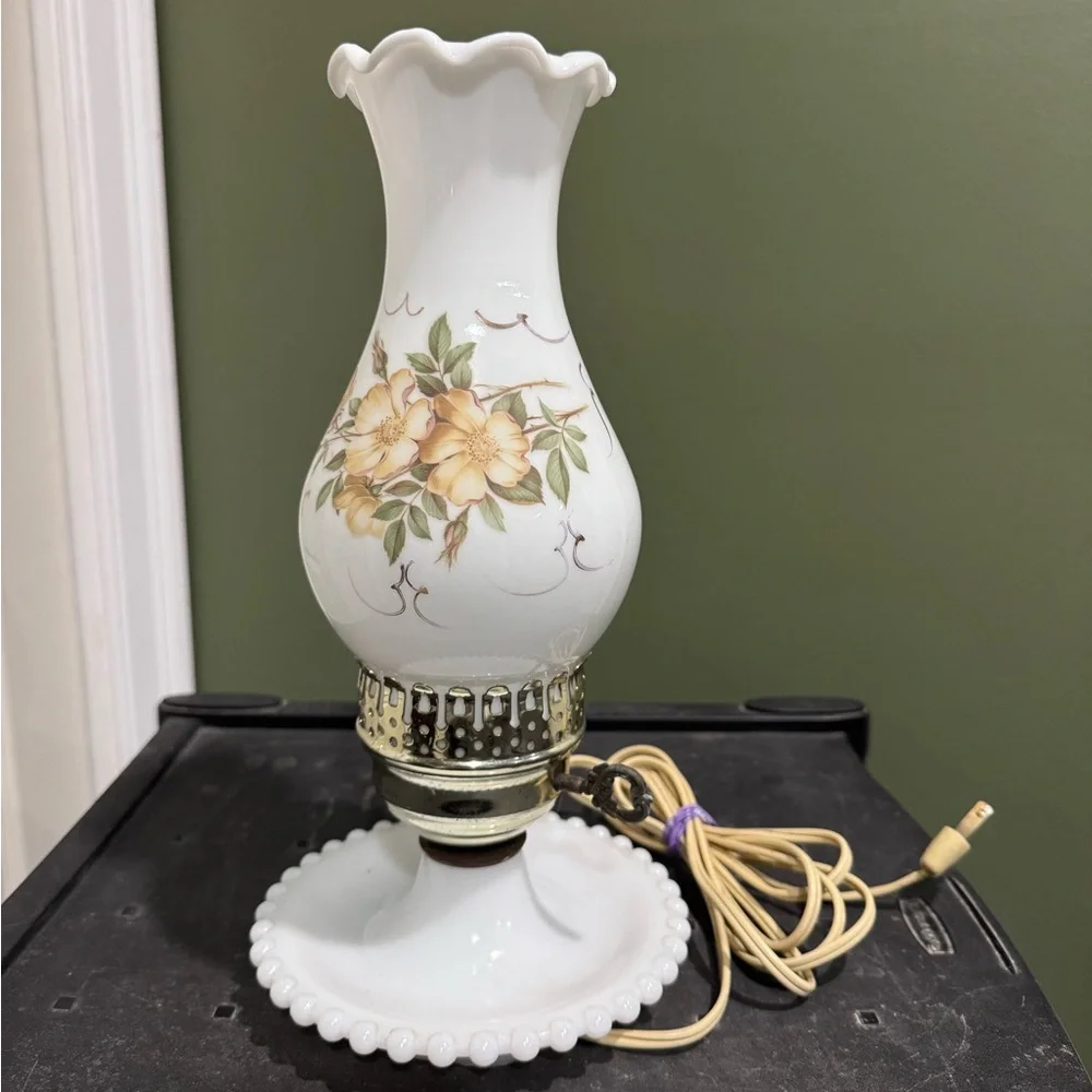 Milk Glass Hurricane Vanity Table Lamp Victorian Style Dogwood Ruffled Edge (2)